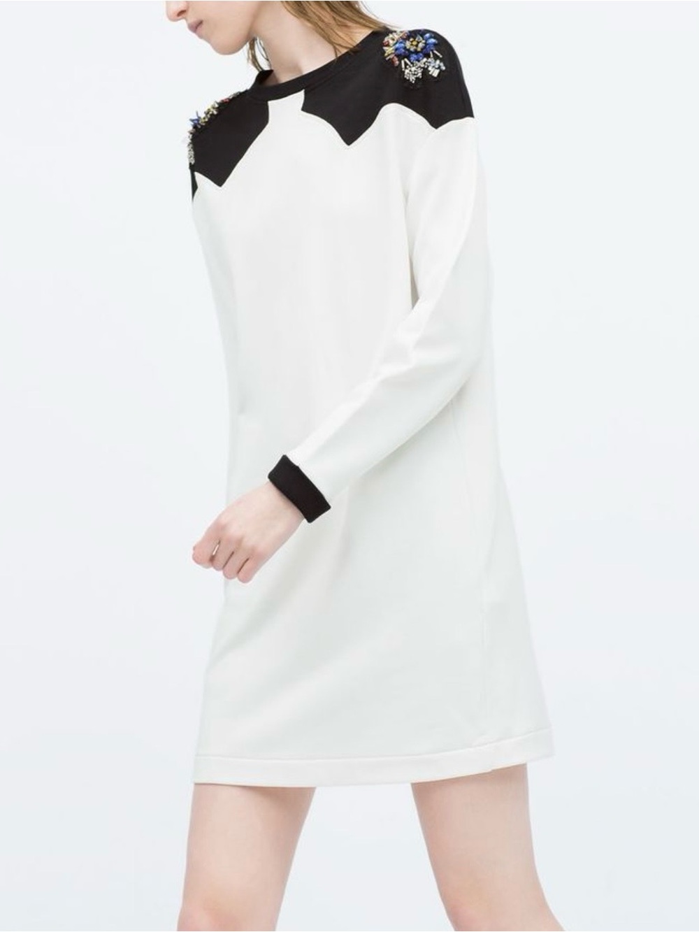 Zara White Shift Dress with Black Yoke & Cuff Embellishment